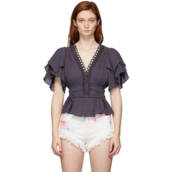 *NWT* ISABEL MARANT Yemila Luna Ruffle Sleeve Top Gray Cotton Size EU 34 / US 0 - Picture 1 of 16